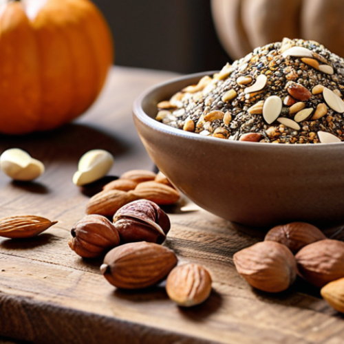 **

A vibrant close-up shot of a handful of mixed nuts (walnuts, almonds, hazelnuts) and seeds (chia, flax, pumpkin) scattered on a rustic wooden table. Soft, natural lighting emphasizing the textures and colors. The background is slightly blurred, hinting at a cozy kitchen setting with a bowl of Greek yogurt visible. Focus is on the "handful of well-being" concept, emphasizing the energy-boosting and mood-enhancing benefits. The style is warm and inviting, like a food blogger's photograph.

**