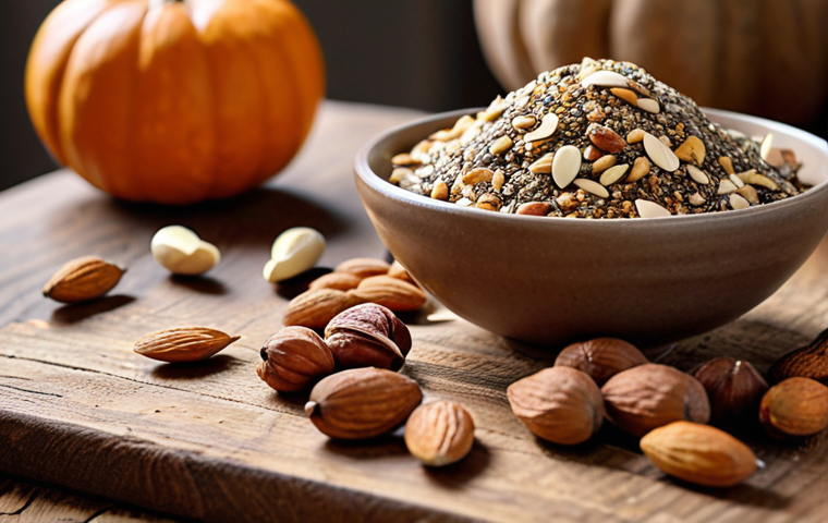 **

A vibrant close-up shot of a handful of mixed nuts (walnuts, almonds, hazelnuts) and seeds (chia, flax, pumpkin) scattered on a rustic wooden table. Soft, natural lighting emphasizing the textures and colors. The background is slightly blurred, hinting at a cozy kitchen setting with a bowl of Greek yogurt visible. Focus is on the "handful of well-being" concept, emphasizing the energy-boosting and mood-enhancing benefits. The style is warm and inviting, like a food blogger's photograph.

**