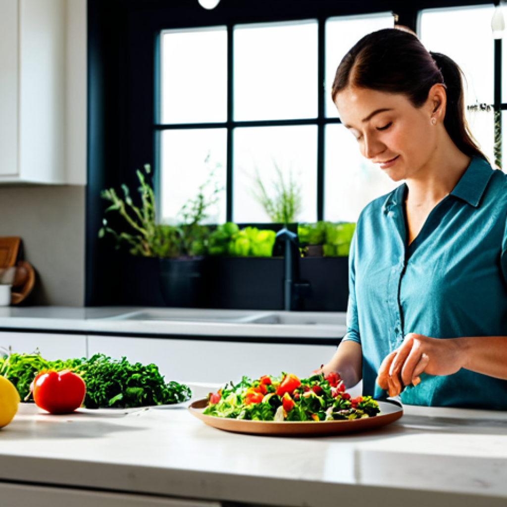 **
"A woman mindfully preparing a colorful salad with fresh, whole ingredients in a bright, modern kitchen. She is fully clothed in modest, comfortable attire, focused on the task. Sunlight streams in through the window. Fruits, vegetables, nuts, and seeds are visible. Safe for work, appropriate content, professional food photography, perfect anatomy, natural pose, high quality."
**