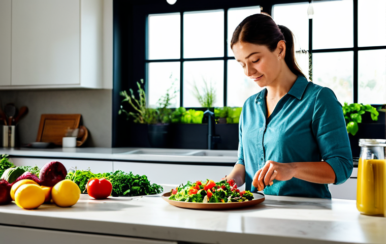 **
"A woman mindfully preparing a colorful salad with fresh, whole ingredients in a bright, modern kitchen. She is fully clothed in modest, comfortable attire, focused on the task. Sunlight streams in through the window. Fruits, vegetables, nuts, and seeds are visible. Safe for work, appropriate content, professional food photography, perfect anatomy, natural pose, high quality."
**