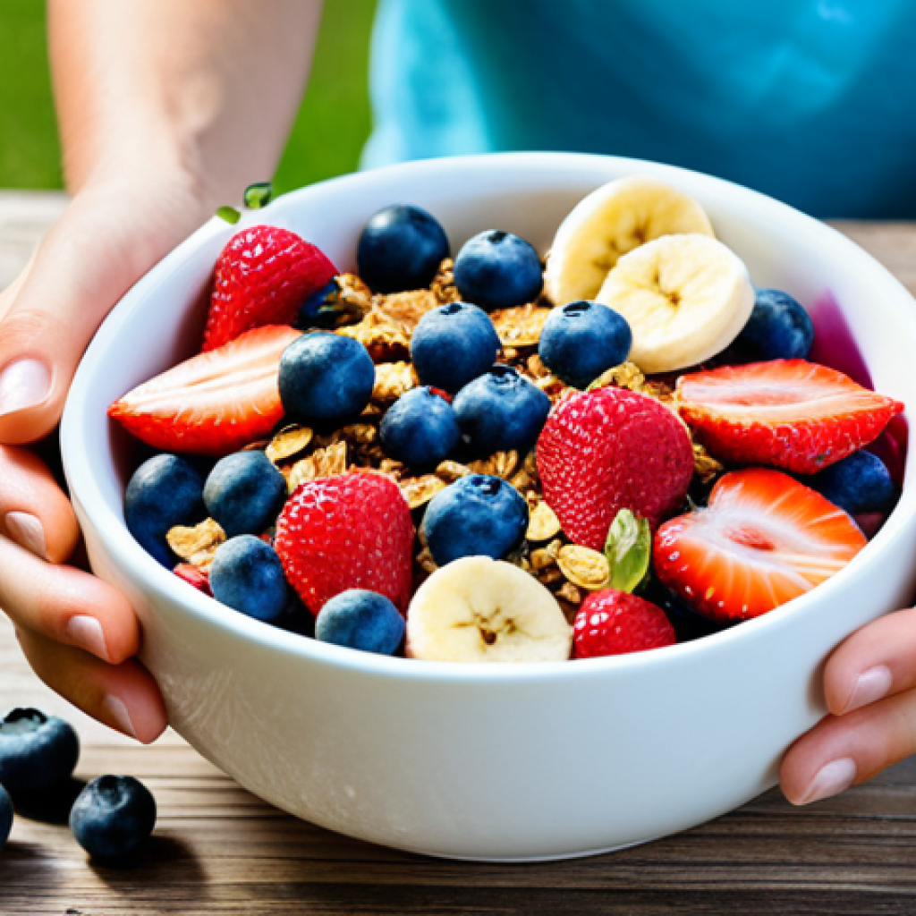 **
"A vibrant and colorful breakfast bowl filled with mixed berries (blueberries, strawberries, raspberries), sliced banana, and a sprinkle of granola. The bowl is set on a rustic wooden table with a bright, sunlit background. The scene evokes a sense of energy and well-being. Focus on natural light and appetizing presentation. safe for work, appropriate content, fully clothed, professional, modest, family-friendly, perfect anatomy, correct proportions, natural pose, well-formed hands, proper finger count, natural body proportions"
**