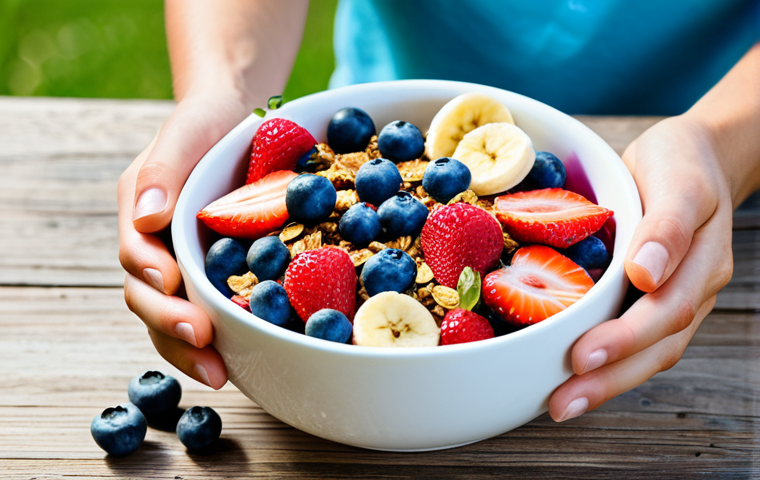**
"A vibrant and colorful breakfast bowl filled with mixed berries (blueberries, strawberries, raspberries), sliced banana, and a sprinkle of granola. The bowl is set on a rustic wooden table with a bright, sunlit background. The scene evokes a sense of energy and well-being. Focus on natural light and appetizing presentation. safe for work, appropriate content, fully clothed, professional, modest, family-friendly, perfect anatomy, correct proportions, natural pose, well-formed hands, proper finger count, natural body proportions"
**