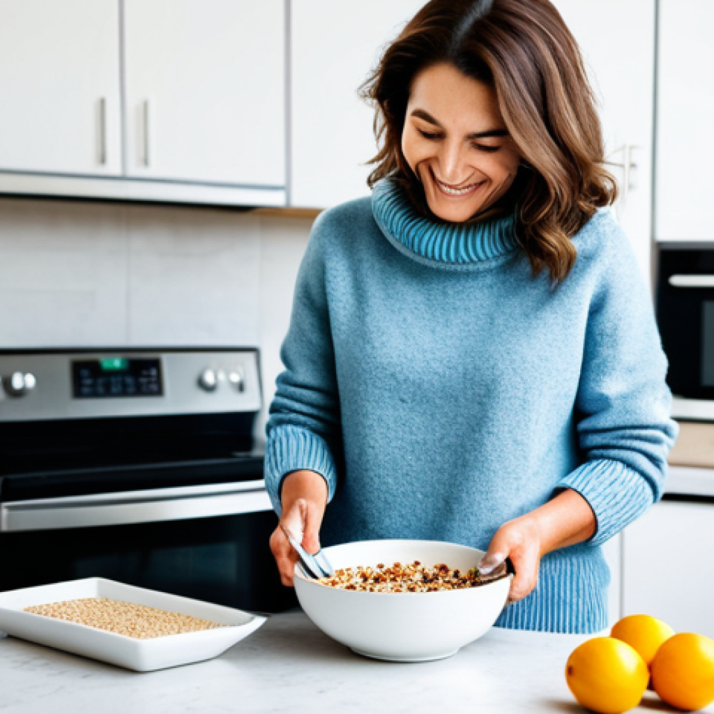 **
* **Subject:** Professional woman in her late 30s, smiling gently while preparing a healthy breakfast bowl.
* **Clothing:** Fully clothed in a comfortable, modest, light blue sweater and jeans.
* **Environment:** Bright, modern kitchen with sunlight streaming in. The breakfast bowl contains oatmeal, berries, and nuts.
* **Details:** Focus on the healthy ingredients and her calm, happy expression.
* **Modifiers:** "safe for work", "appropriate content", "fully clothed", "professional", "modest", "family-friendly", perfect anatomy, correct proportions, natural pose, well-formed hands, proper finger count, natural body proportions, high quality.
**