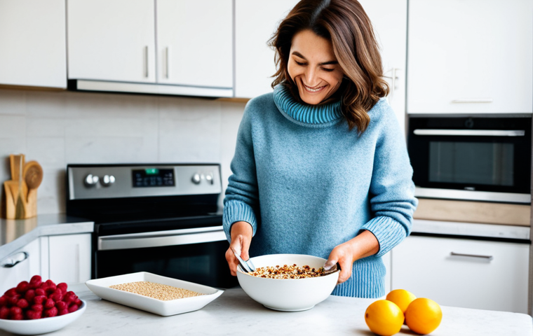 **
* **Subject:** Professional woman in her late 30s, smiling gently while preparing a healthy breakfast bowl.
* **Clothing:** Fully clothed in a comfortable, modest, light blue sweater and jeans.
* **Environment:** Bright, modern kitchen with sunlight streaming in. The breakfast bowl contains oatmeal, berries, and nuts.
* **Details:** Focus on the healthy ingredients and her calm, happy expression.
* **Modifiers:** "safe for work", "appropriate content", "fully clothed", "professional", "modest", "family-friendly", perfect anatomy, correct proportions, natural pose, well-formed hands, proper finger count, natural body proportions, high quality.
**