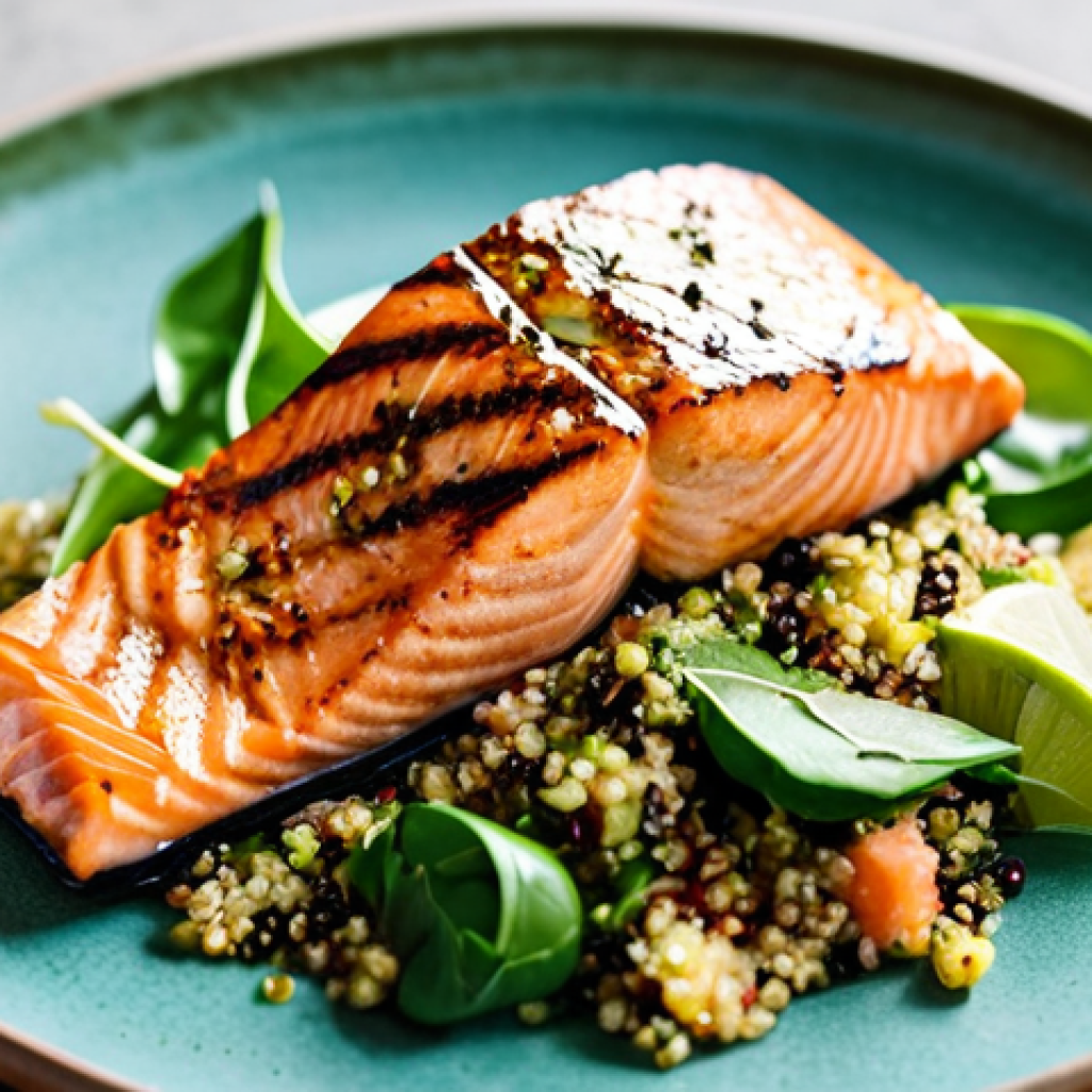 우울증 해소를 위한 효과적인 식사 방법 - **A vibrant and colorful plate of grilled salmon with quinoa and mixed greens, drizzled with a lemon...