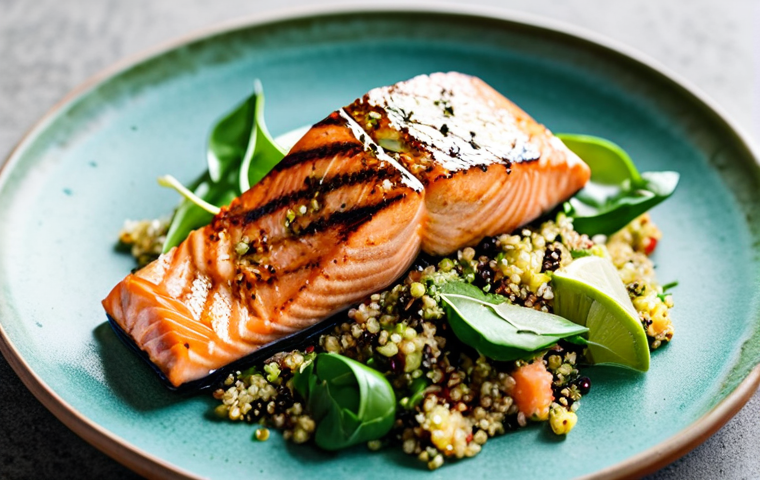 우울증 해소를 위한 효과적인 식사 방법 - **A vibrant and colorful plate of grilled salmon with quinoa and mixed greens, drizzled with a lemon...