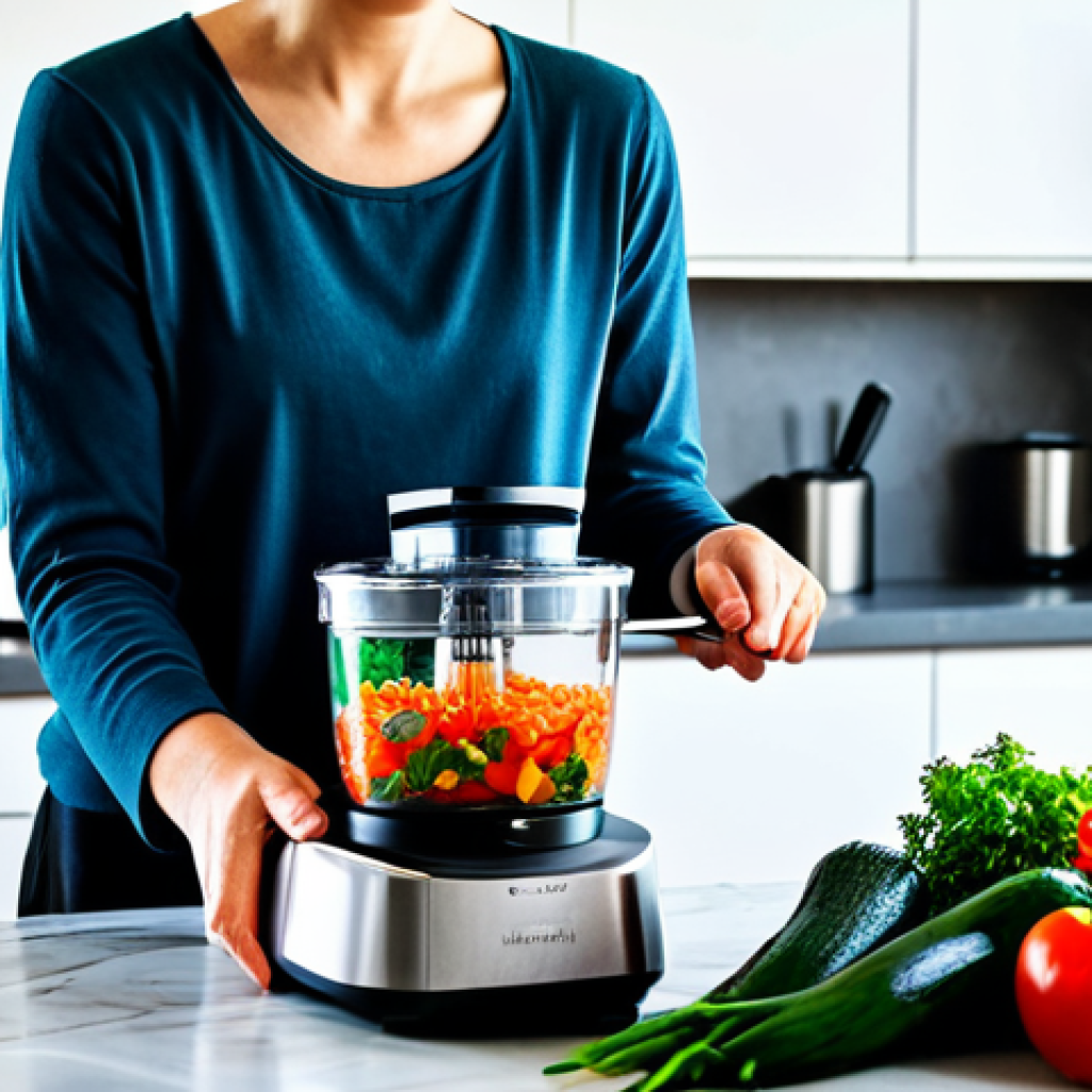 우울증 환자를 위한 조리 기구 추천 - **
A modern kitchen showcasing a multi-functional food processor. A person is adding chopped vegeta...