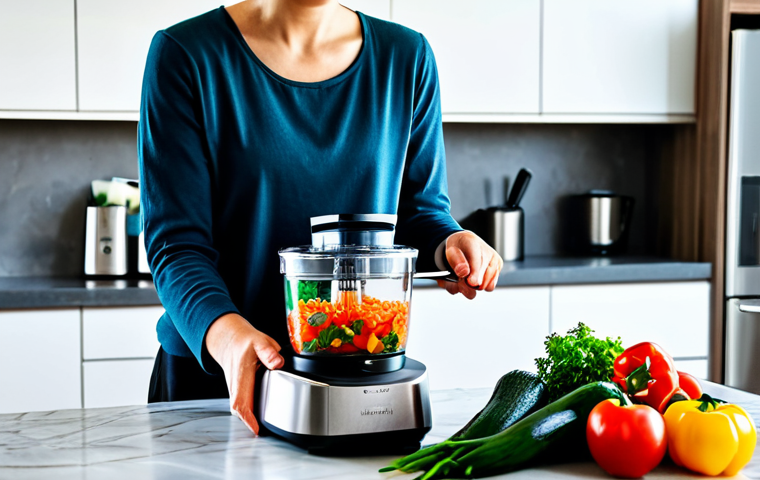 우울증 환자를 위한 조리 기구 추천 - **
A modern kitchen showcasing a multi-functional food processor. A person is adding chopped vegeta...