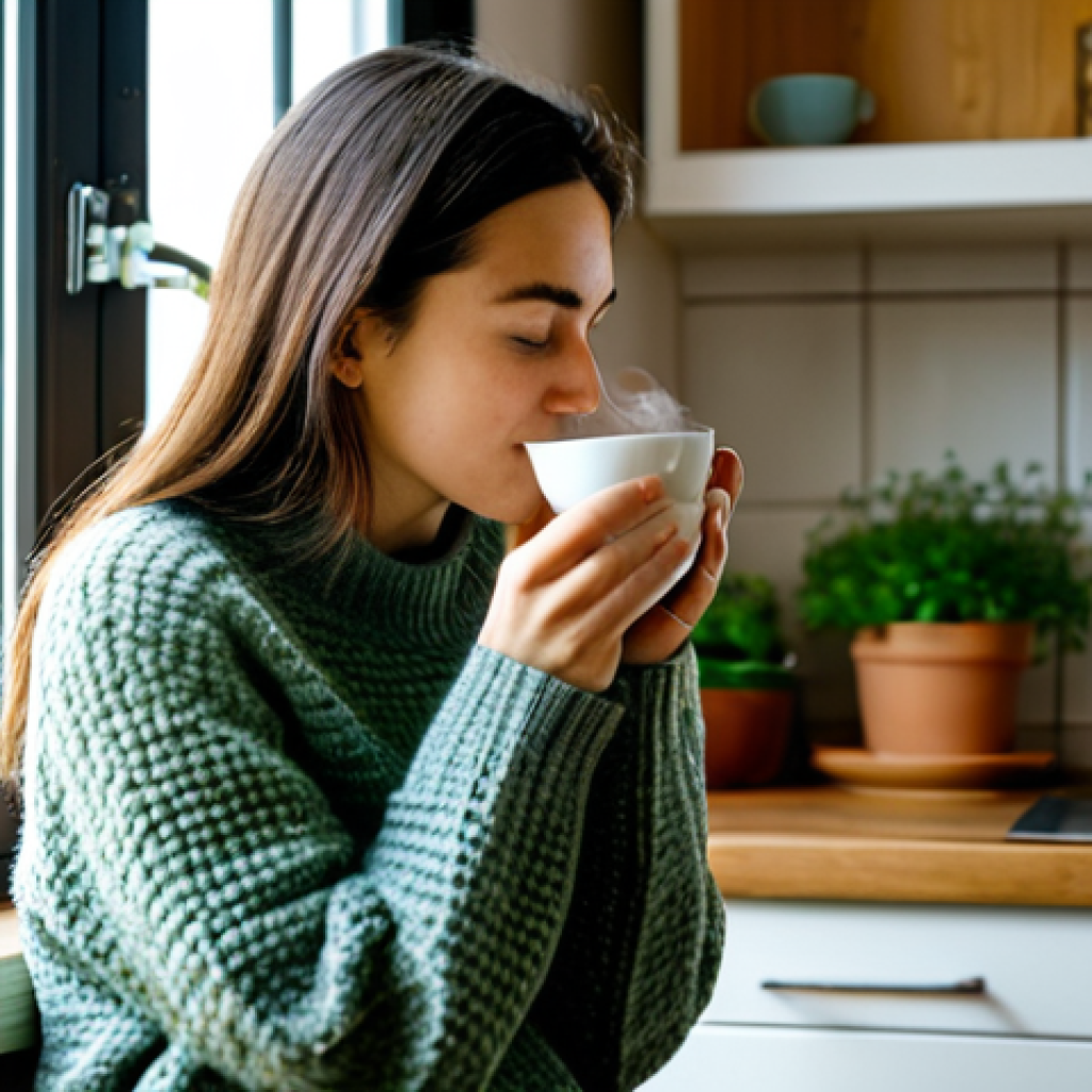 우울증을 완화하는 데 도움이 되는 차 종류 - Chamomile Tea Relaxation**
"A woman in a cozy, modest sweater sipping chamomile tea in a sunlit kit...