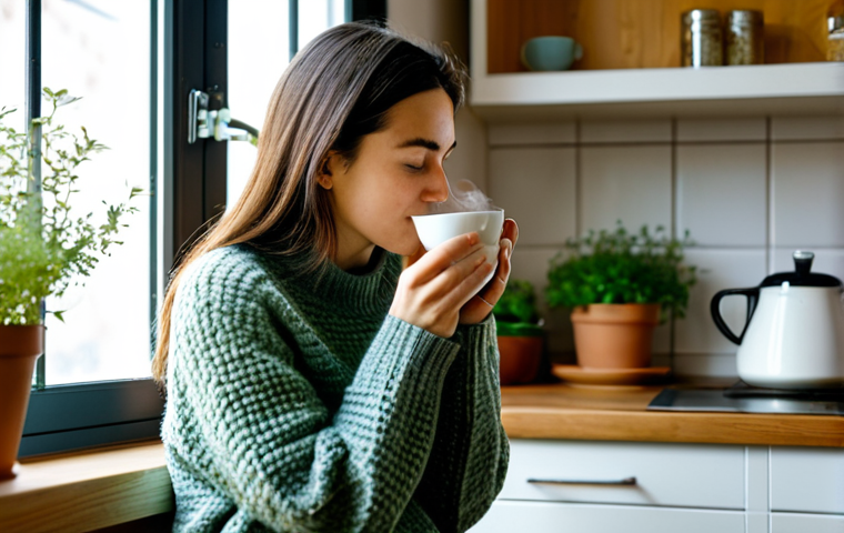 우울증을 완화하는 데 도움이 되는 차 종류 - Chamomile Tea Relaxation**
"A woman in a cozy, modest sweater sipping chamomile tea in a sunlit kit...