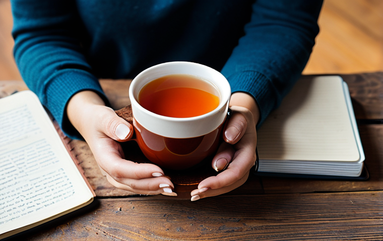 우울증을 완화하는 데 도움이 되는 차 종류 - Chamomile Tea Relaxation**

"A woman in a cozy, modest sweater sipping chamomile tea in a sunlit kit...