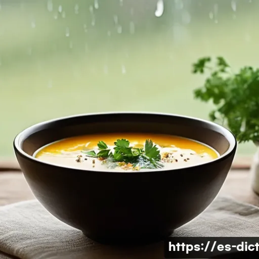 우울증을 위한 간편식 만들기 - **Prompt:** A cozy, serene scene featuring a steaming bowl of creamy vegetable soup, artfully garnis...