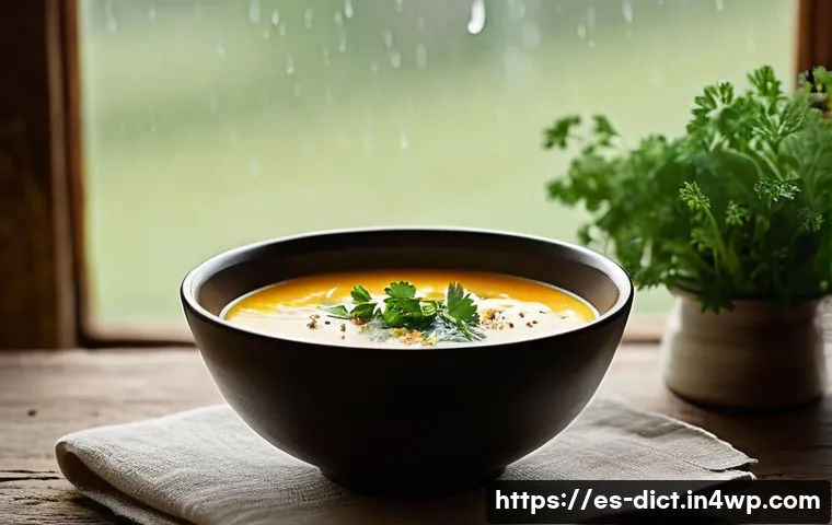 우울증을 위한 간편식 만들기 - **Prompt:** A cozy, serene scene featuring a steaming bowl of creamy vegetable soup, artfully garnis...