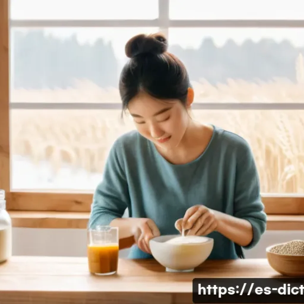 우울증 완화에 도움이 되는 미숫가루 활용법 - A cozy and bright kitchen scene featuring a South Korean woman in casual comfortable clothing prepar...