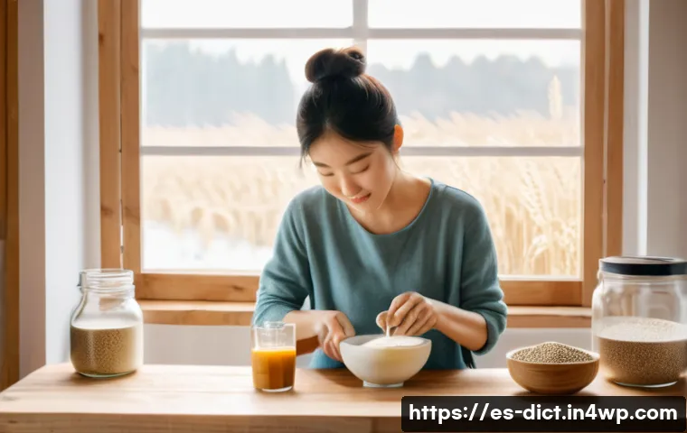 우울증 완화에 도움이 되는 미숫가루 활용법 - A cozy and bright kitchen scene featuring a South Korean woman in casual comfortable clothing prepar...