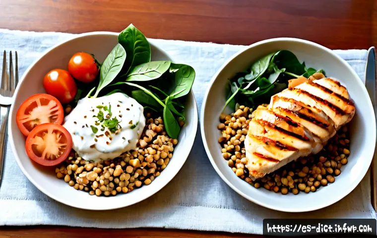 우울증 완화에 도움을 주는 저지방 단백질 - Photorealistic overhead view of a bright Mediterranean-style lunch for emotional wellness, grilled s...