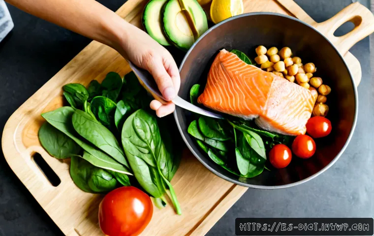 우울증 완화에 효과적인 간단한 조리법 - Photorealistic overhead view of a simple Mediterranean salmon and vegetable bowl being prepared in a...